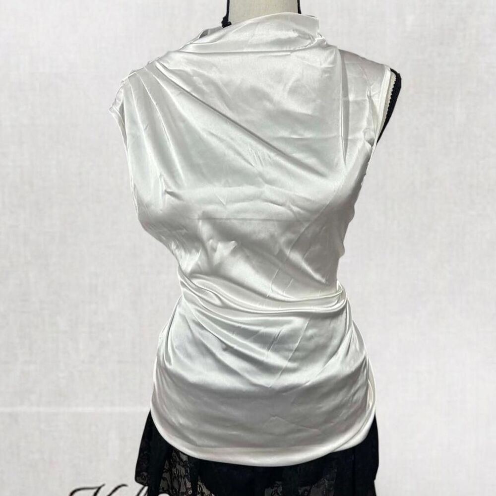 White Satin Top with Ruched  Sides and Mock Neck Blouse